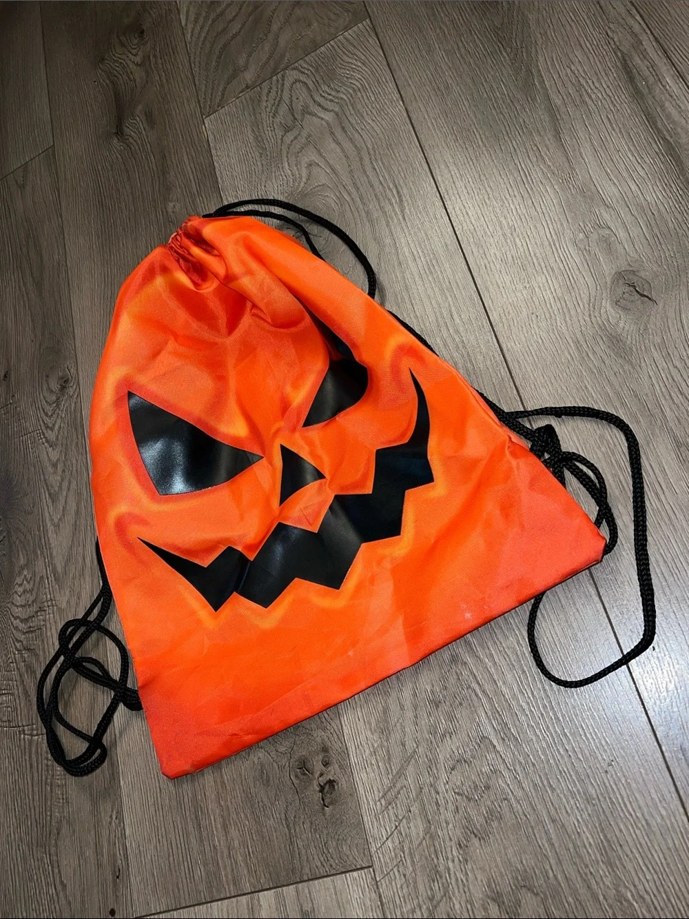 Neon Orange Halloween Pumpkin Drawstring Gym Sack with Black Cords